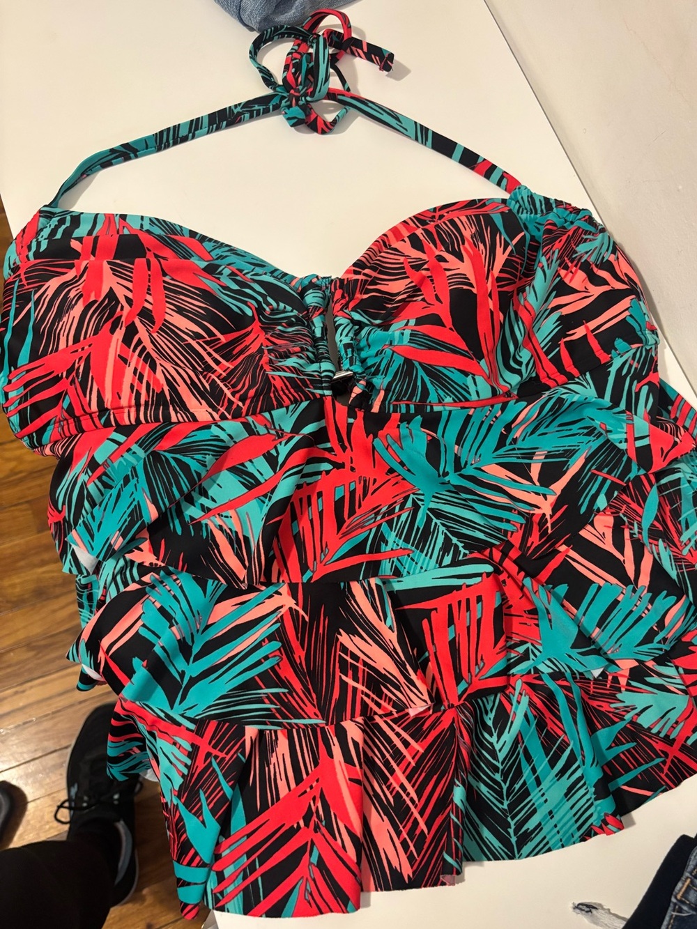 Catalina Black  Swim Top with Teal and Coral Tropical Print